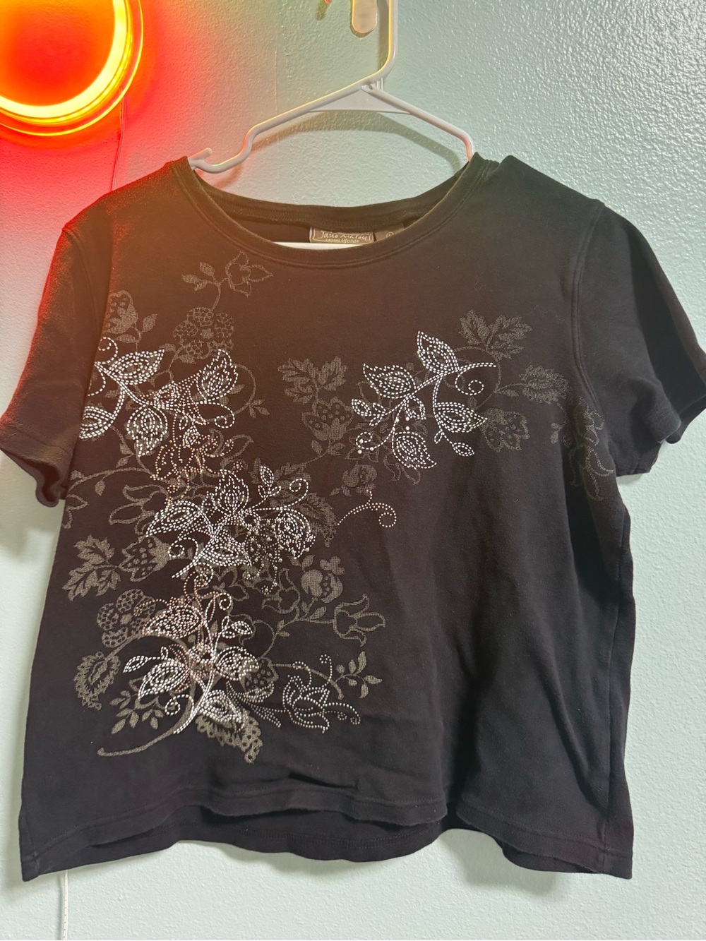 Jane Ashley Black Short Sleeve Tee with Silver Floral Rhinestones